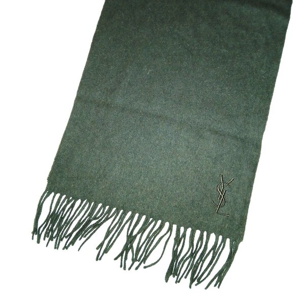 Yves Saint Laurent YSL Forest Green Embroidered Wool Fringed Scarf Pre-Owned - Picture 6 of 8